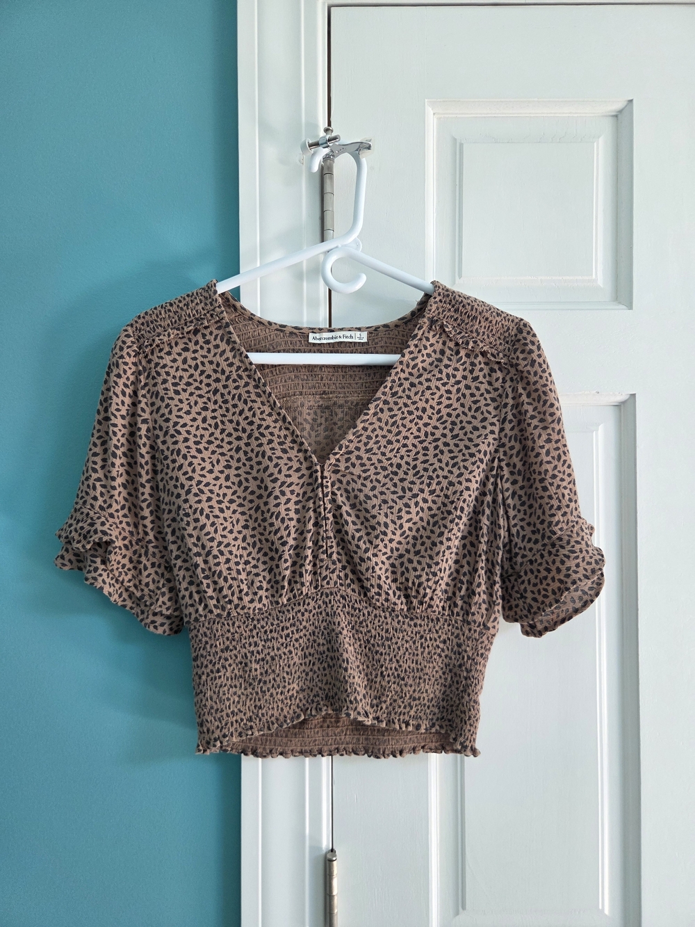 Abercrombie & Fitch Brown Printed Smocked V-Neck Crop Top